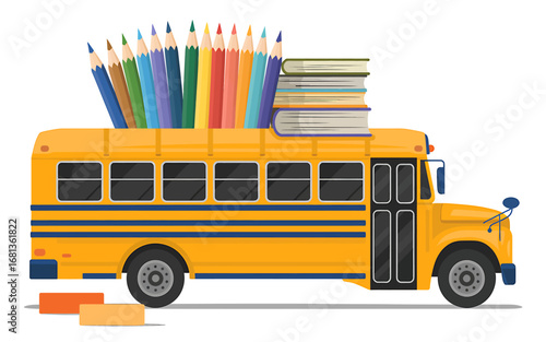 Back to School Creativity A Yellow Bus Loaded with Art Supplies and Books