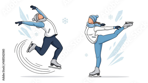 Graceful Ice Skaters: A pair of figures gracefully dance on ice, the embodiment of elegance and athletic prowess in a winter scene.