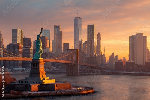 Statue of Liberty at sunset, NYC skyline