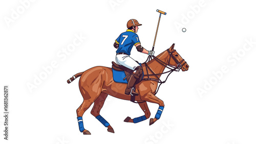Polo Player in Action: An illustration of a polo player expertly maneuvering his horse on a bright, sunny day. The player, poised with mallet, anticipates the next stroke.