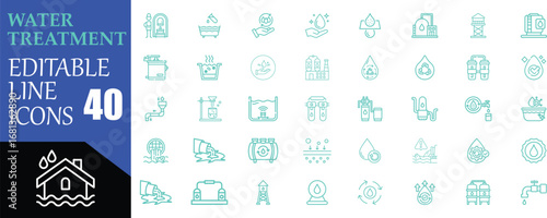 Water Treatment Editable Line Icons: A Comprehensive Collection of 40 Icons