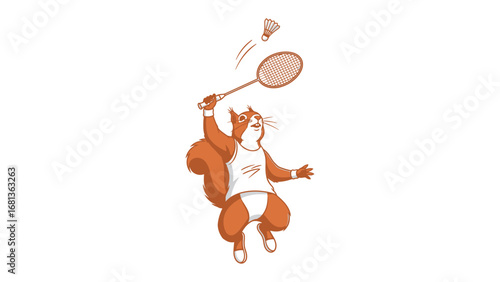 Squirrel's Badminton Smash: An anthropomorphic squirrel, in athletic gear, leaps mid-air, smashing a shuttlecock with focused intensity. A vibrant representation of sporty skill.