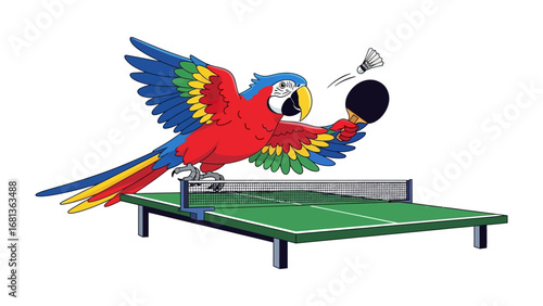 Parrot Playing Table Tennis: A vibrant cartoon illustration depicts a colorful parrot engrossed in a game of table tennis, its energetic pose a testament to the joy of sport.