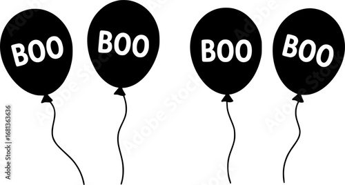 Four black balloons with boo text Halloween silhouette vector illustration isolated on white background 