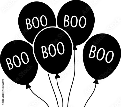 Four black balloons with boo text Halloween silhouette vector illustration isolated on white background 