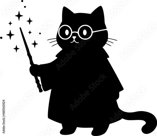 Magic cat holding wand glasses silhouette vector illustration isolated on white background 