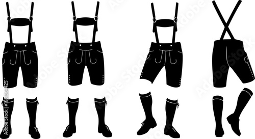 Four black leather lederhosen outfits silhouette vector illustration isolated on white background 