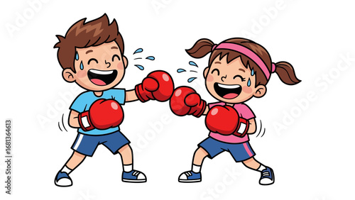 Friendly Sparring: Cartoon youngsters joyfully engage in a friendly boxing match, exuding energy and laughter within a dynamic and illustrative setting.