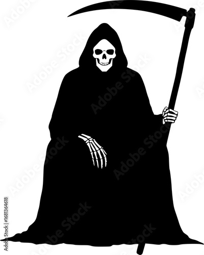 Grim reaper sitting silhouette with scythe vector illustration isolated on white background 