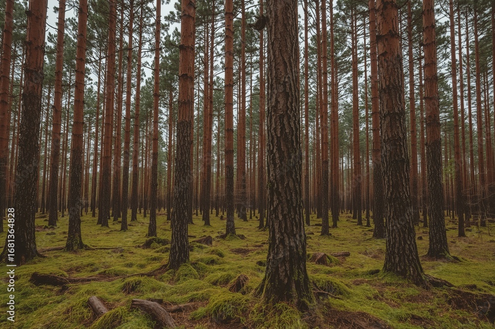 Fototapeta premium The photo highlights towering slender pine trees in a dense woodland, with a lush green moss carpet covering the ground beneath.