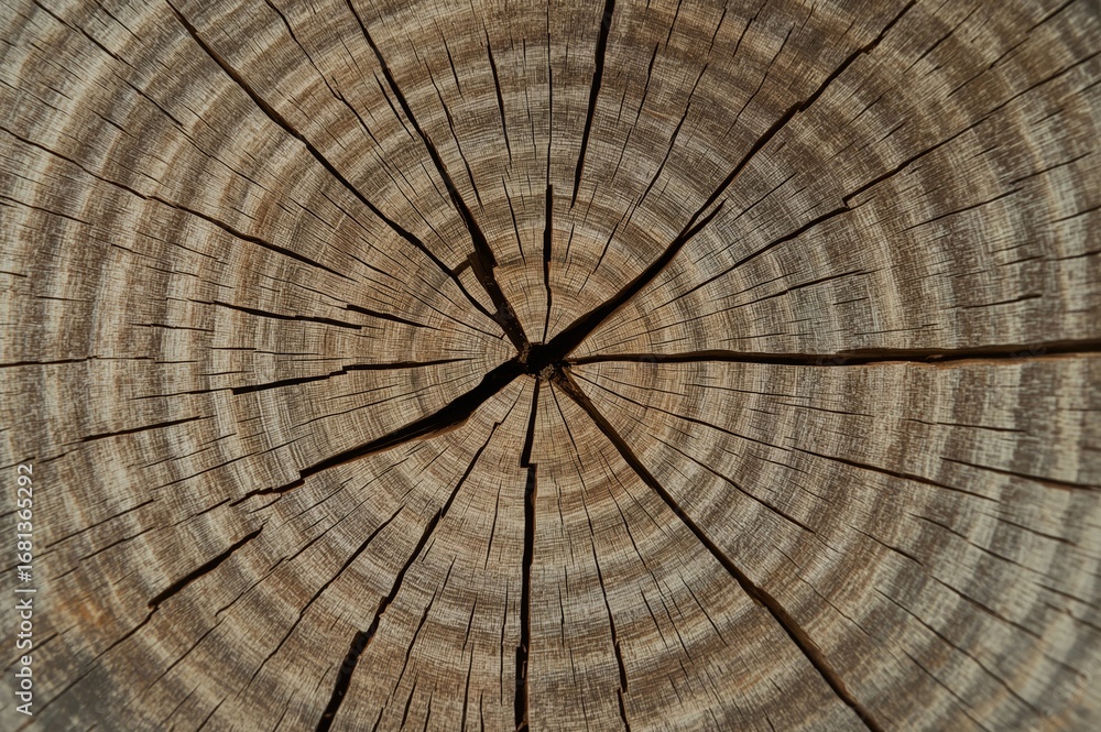 Fototapeta premium Close-up of a weathered wooden log showing detailed tree ring texture