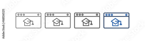 
outline icon set of online education with computer and toga hat design