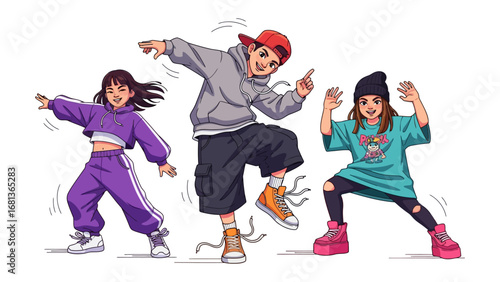 Energetic Youth Dancing in Dynamic Pose: Three energetic individuals strike dynamic dance moves, showcasing a vibrant and youthful display of talent and coordination.