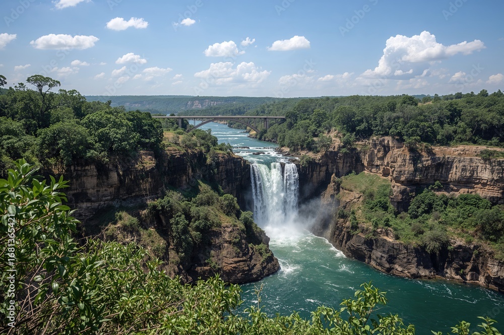 Fototapeta premium Conservation zone with lagoon, waterfall, bridge, and trees under a warm summer sun