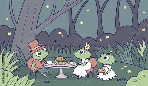 A group of frogs having a tea party in a magical forest, soft glowing lights, fantasy atmosphere, cinematic detail, photorealistic yet whimsical stock image style."