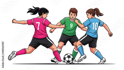 Soccer players competing for soccer ball: A captivating illustration of soccer players in action, their determined faces set as they vie for possession of the ball during a thrilling match.