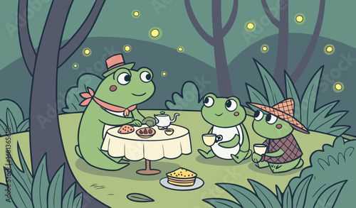 A group of frogs having a tea party in a magical forest, soft glowing lights, fantasy atmosphere, cinematic detail, photorealistic yet whimsical stock image style."