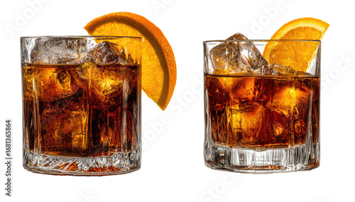 Two dark, amber cocktails garnished with orange slices, filled with ice