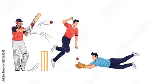 Dynamic Cricket Action: A dynamic illustration capturing key moments in cricket: a batsman poised to strike, a bowler delivering a pitch, and a wicketkeeper diving for a catch, capturing speed, skill.