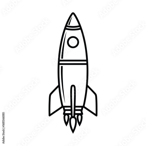 Simple line art rocket ship launching into space with fiery exhaust