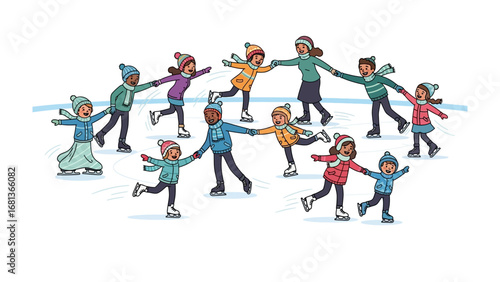 Ice Skating Circle: A lively group of children and teenager skating together in an ice rink, creating a circle and demonstrating camaraderie, happiness and winter fun.