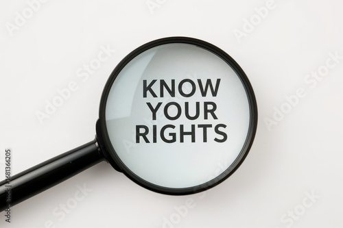 Dedication to fairness. Individual and legal liberties. Fairness in learning, commerce, or community living. Magnifying glass enlarges the emblem with the phrase understand your rights.