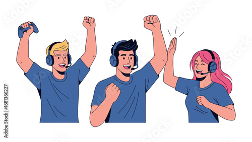 Victory Cheers in Gaming: Three vibrant figures, immersed in the gaming world, celebrate a triumph, their enthusiasm amplified by headsets and controllers, embodying the energy and thrill of esports