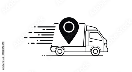 Fast delivery truck with location pin and motion streaks for logistics and tracking services