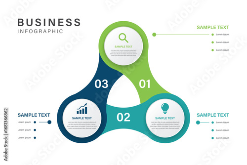 3 Steps of Business in Triangular Loop Infographic with 3D Circles and Business Icons