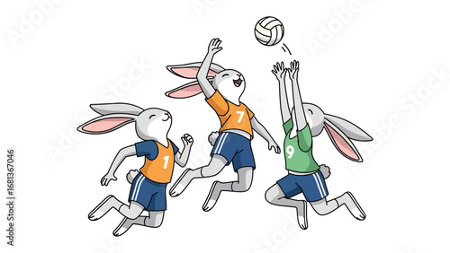Volleyball Rabbits: Playful illustrations of three rabbits enthusiastically engaged in a game of volleyball, showcasing teamwork, athleticism, and the thrill of competition. 