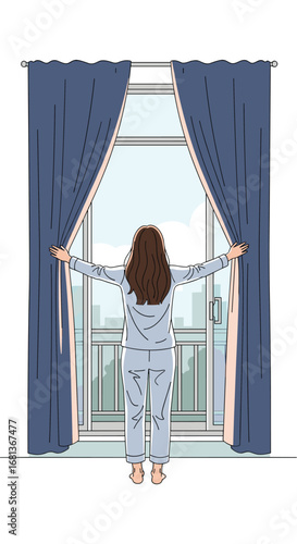 Woman opening curtains welcoming a new day with city view from apartment window