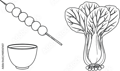 Drawing of bok choy vegetable and meatball skewer with broth bowl