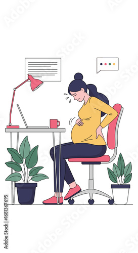Pregnant woman experiencing back pain while working at a desk surrounded by plants