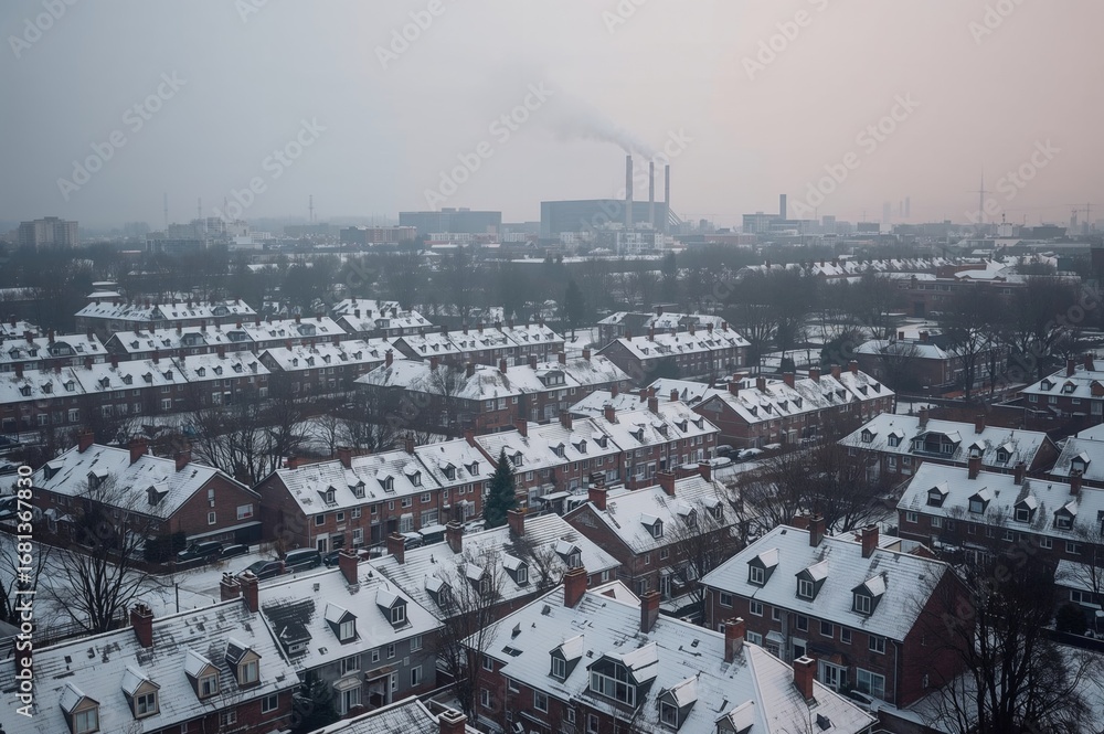 Obraz premium Frosty streets and snowy rooftops in a residential area during winter with chimney smoke in the distance, highlighting the chilly atmosphere.