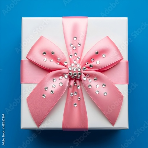  A luxurious white gift box with a pink satin bow adorned with sparkling crystals or rhinestones. A glamorous present for a special occasion, shot top-down on a vibrant blue background.