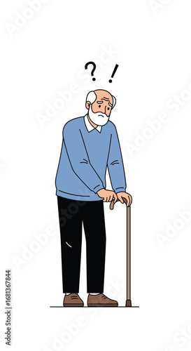 Elderly man with walking cane expressing confusion and uncertainty about his surroundings