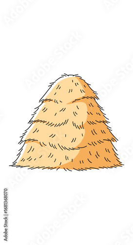 A large stack of dried grass and straw forming a conical shape on a white background a typical farm scene element