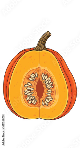 Illustrative cutaway view of a ripe orange pumpkin showing its inner seed cavity and fibrous pulp