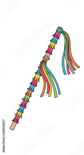 A colorful festive decoration featuring multiple layers of brightly colored tissue paper strips adorning a long thin stick