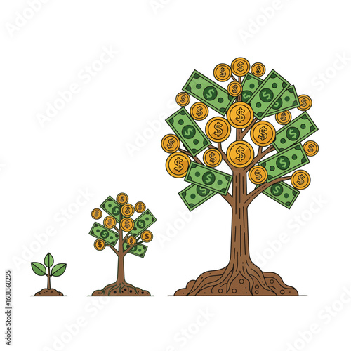 A clean vector illustration showing financial growth over time. A money tree evolves from a sprout, perfect for representing wealth accumulation and long-term planning.