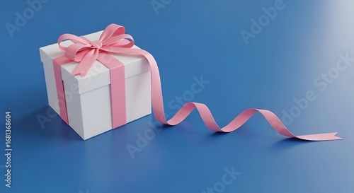 A white gift box with a pink bow and a long, curly ribbon unfurling across a bright blue background. The scene is shot with soft, clean lighting, creating a cheerful and celebratory mood.