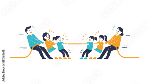 Tug of War Family Fun: A lively depiction of families engaging in a spirited tug-of-war game, highlighting themes of togetherness, competition, and the simple joy of shared moments.