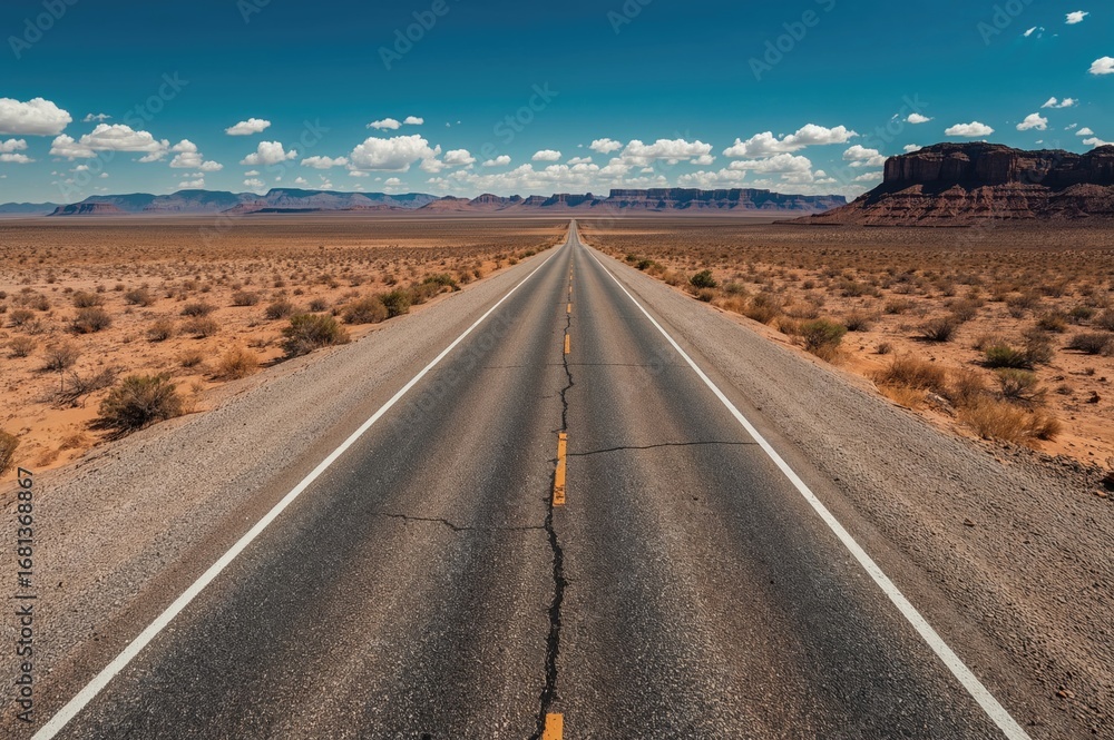 Fototapeta premium Aerial view from above of a weathered desert highway with fractured pavement