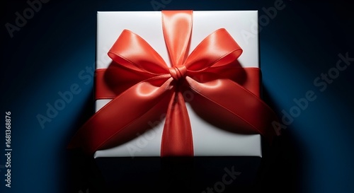 A close-up, top-down view of a classic white gift box tied with a vibrant red satin ribbon. The luxurious present is set against a dark, moody background under a soft spotlight.