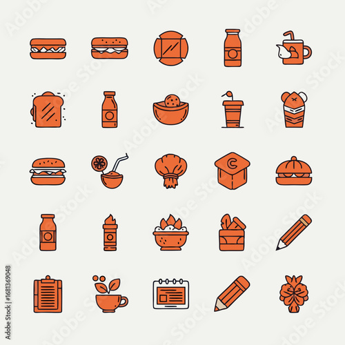 A lineal color icon set for food delivery services and takeout restaurants. Features a variety of meals like burgers, noodles, and dumplings, plus symbols for online ordering and chefs.