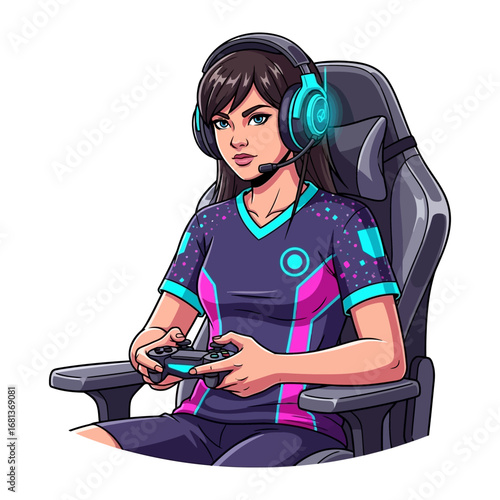 Digital Gaming Girl:  A female gamer immersed in a virtual gaming experience, with headphones on and focused on the controller. Ready for exciting action and immersive digital entertainment.