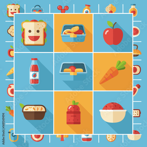 A collection of modern, flat design food icons featuring a trendy long shadow effect. Includes a cute sandwich, lunchbox, fruits, and meals. Ideal for web design, apps, and infographics.