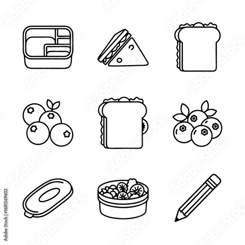  A set of hand-drawn style vector doodles representing a healthy packed lunch for school. Features various sandwiches, fresh blueberries, salad, and a bento box. Perfect for educational graphics.