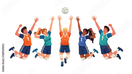 Volleyball Game: A dynamic illustration shows a team of youthful volleyball players leaping skyward, arms outstretched, ready to spike or block the ball, in a burst of energy and sport.