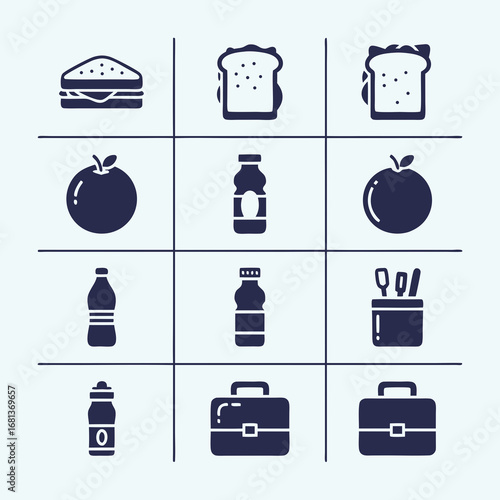  A collection of flat design vector icons representing various items commonly found in a lunch box, including sandwiches, fruits, drinks, and a lunch bag.